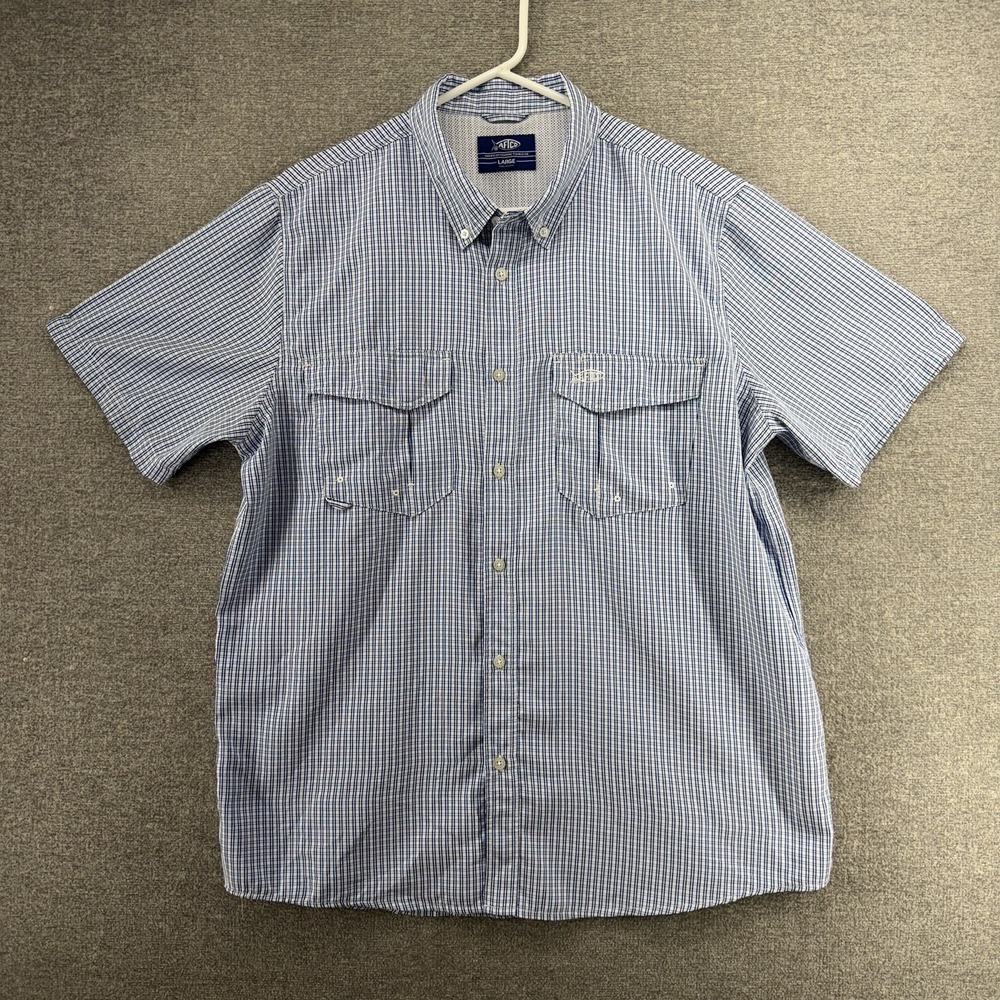 AFTCO Fishing Shirt Men Size Large Blue Check Short Sleeve Vented Boating Summer